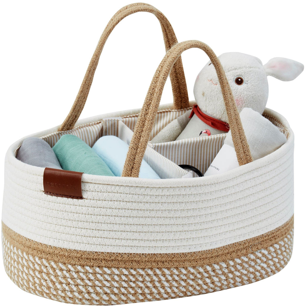 Cotton Diaper Caddy Organizer W/Removable Divider | Cotton Rope Diaper Storage Basket