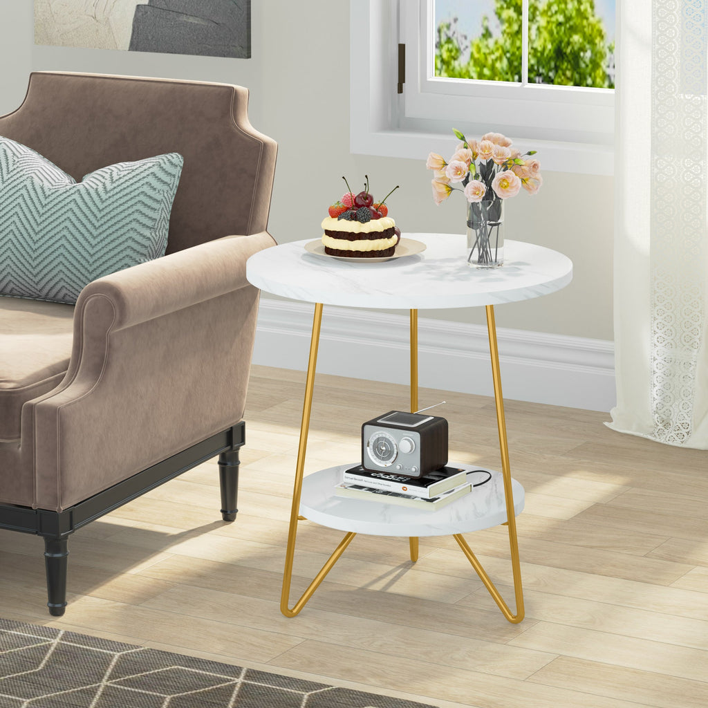 Faux Marble End Table, 2-Tier Round Sofa Table