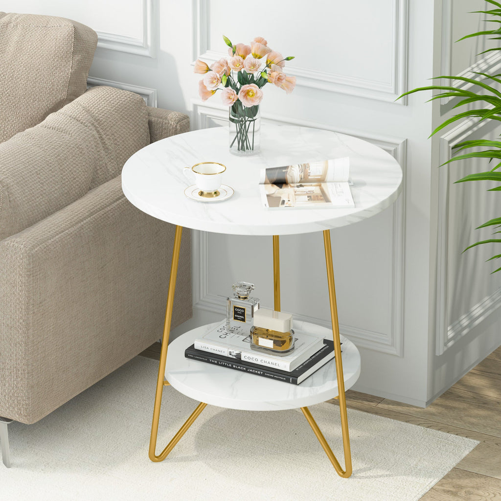 Faux Marble End Table, 2-Tier Round Sofa Table