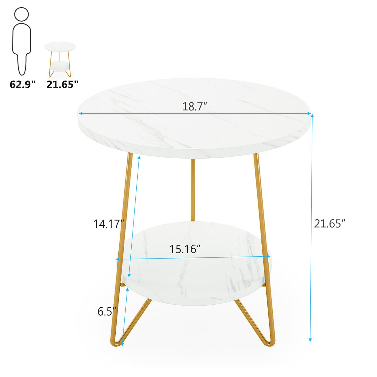 Faux Marble End Table, 2-Tier Round Sofa Table
